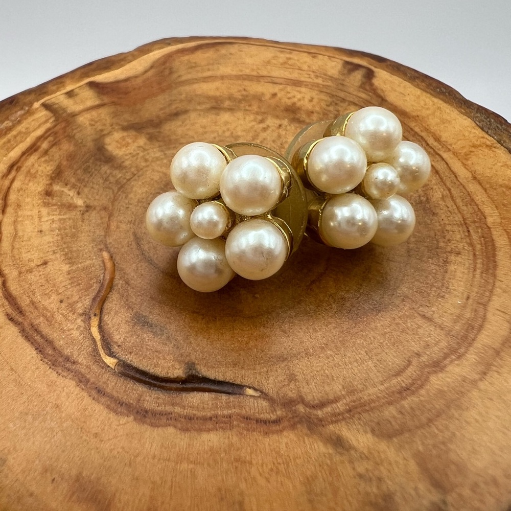 Vintage Gold and Faux Pearl Cluster Earrings